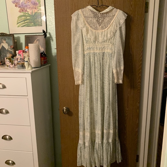 Vintage 1970s Gunne Sax blue and white maxi dress with lace detailing
